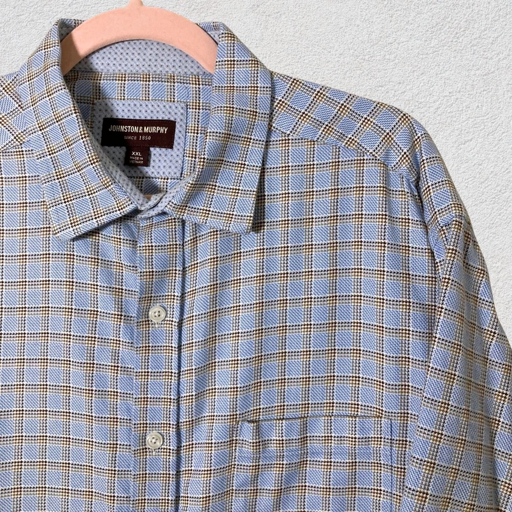 Johnston & Murphy Men XXL Blue‎ Brown Check Herringbone Cotton Button Shirt